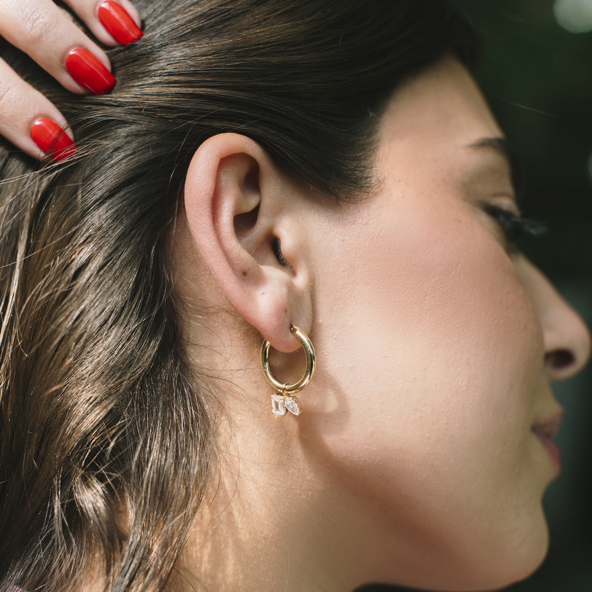 TWO TESSERAE EARRINGS - EMERALD AND PEAR SHAPED DIAMONDS