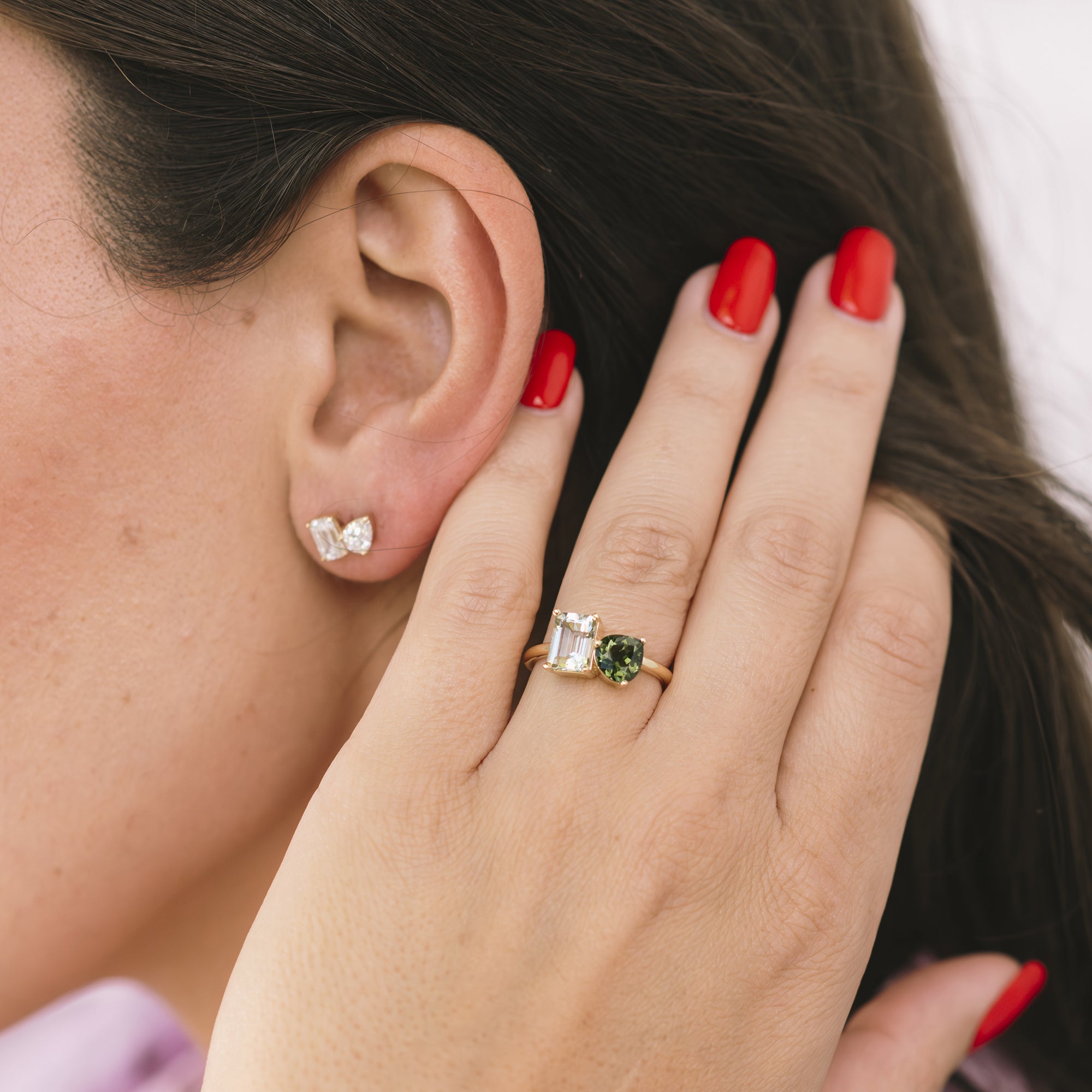 TWO TESSERAE EARRINGS - EMERALD AND PEAR SHAPED DIAMONDS
